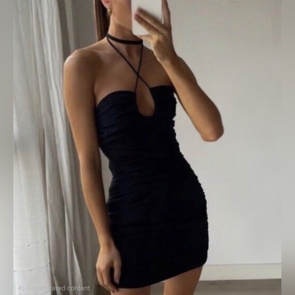 Zara Ruched Mesh Halterneck Mini Dress Keyhole Cutout Bodycon Black Womens Small